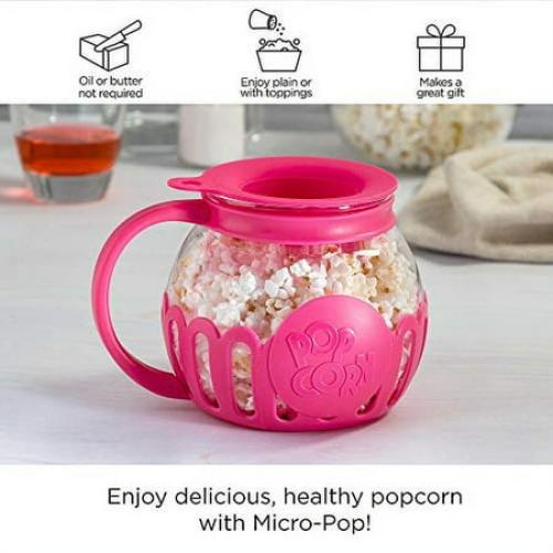 Ecolution Original Microwave Micro-Pop Popcorn Popper, Borosilicate Glass, 3-in-1 Silicone Lid, Dishwasher Safe, BPA Free, 1.5 Quart - Snack Size, Pink