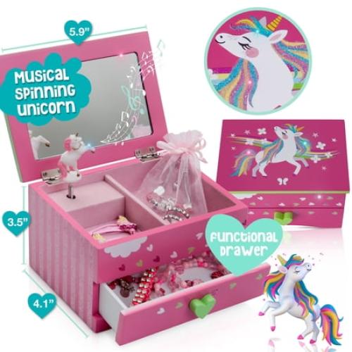 Amitie Lane Itsy Unicorn Musical Jewelry Box, Unicorn Charm Bracelet, Girls Ages 6 , Fuchsia Pink