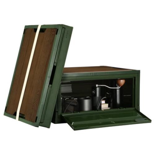 Navaris Camping Storage Box, Green, Set of 2 - 35L Foldable Bin with Pine Wood Lid - Collapsible Folding Crate - Easy to Disassemble Plastic Storage Crates - Stackable with Wheels