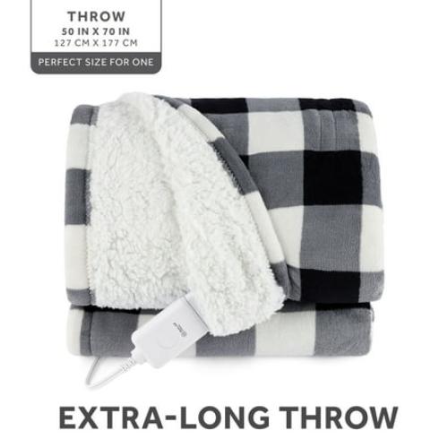 Sunbeam Electric Heated Throw Blanket Black/White Plaid Microplush Faux Shearling 4 Heat 50x70