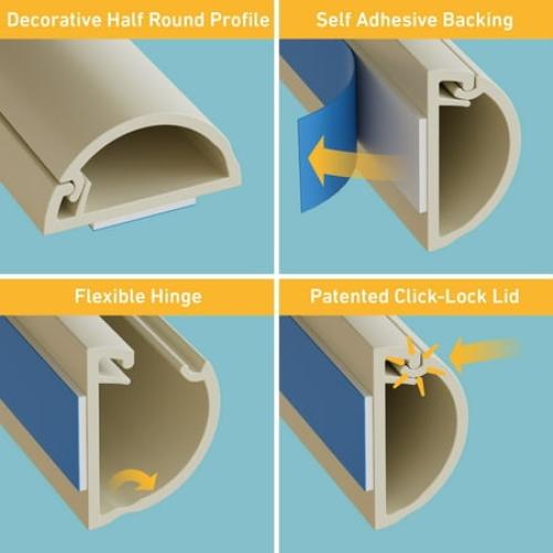 D-Line Beige Half Round Cord Cover, 0.78x0.39in, 39in Length, 3-Pack