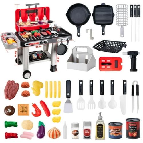 JUGAAD LIFE 43 PCS Kids BBQ Grill Playset, Pretend Play Kitchen Toy Set, Barbecue Toy with Wheels, Sound Light, Outdoor Food Toys Cooking Set for Toddler, Birthday Gift Boys Girls