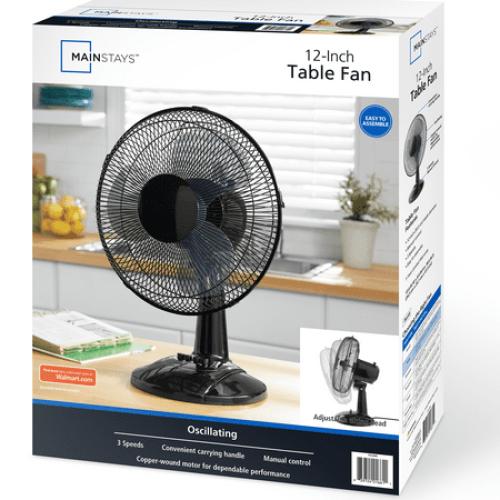 Mainstays 12-Inch Black Table Fan with 3-Speed Settings and Oscillation
