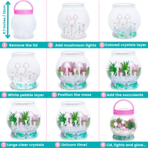 Amitie Lane DIY Itsy Unicorn Terrarium, LED Mushroom Lights, Arts & Craft, Girls Ages 6