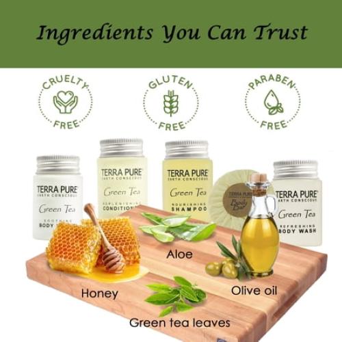 Terra Pure Hotel Soaps and Toiletries Bulk Set | 1-Shoppe All-In-Kit Amenities for Hotels | 1oz Hotel Shampoo & Conditioner, Body Wash, Body Lotion & 1.25oz Bar Soap Travel Size | Pieces