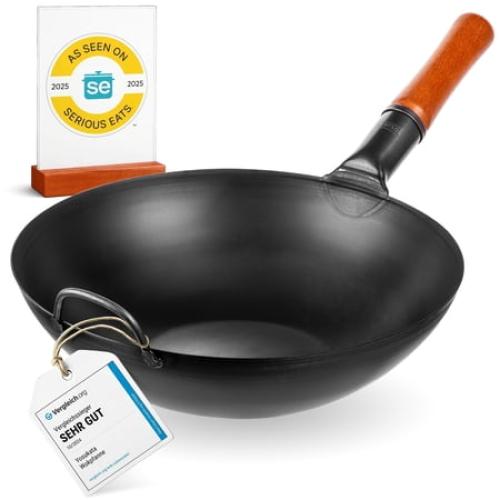 YOSUKATA 13.5 Pre-Seasoned Carbon Steel Wok Pan, Flat Bottom Stir Fry Pan for Gas, Electric, Induction & Open Fire, Traditional Asian Cookware for Kitchen, BBQ & Camping Use