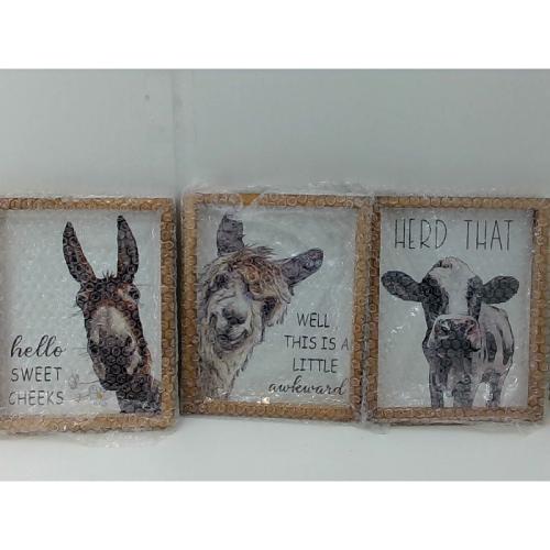 Houmury Set of 3 Framed Bathroom Llama Cow & Donkey Art - Vintage Farmhouse Wall Decor