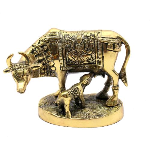 StonKraft Brass Kamdhenu Cow Calf Kamadhenu Idol Murti Statue (7 Inch