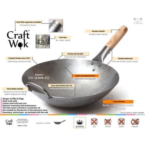 Craft Wok Size  12 inch Hand Hammered Carbon Steel Wok with Round Bottom / 731W88-12in