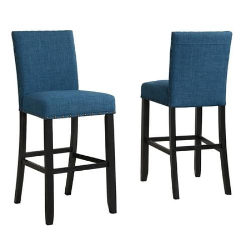 Roundhill Furniture Biony Fabric Bar Stool with Nailhead Trim in Blue (Set of 2)