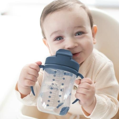Dr. Brown's Milestones Baby's First Straw Cup, Training Cup with Weighted Straw, 9oz/270ml, Dark Blue, 6m