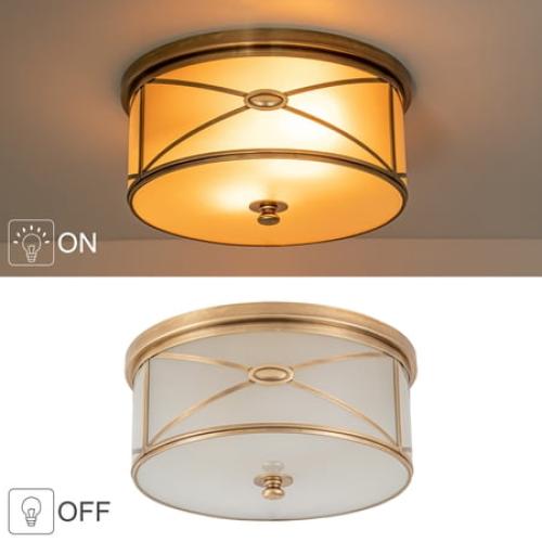 C Cattleya 2-Light Brass Flush Mount with Frosted Glass for Bedroom,Living Room