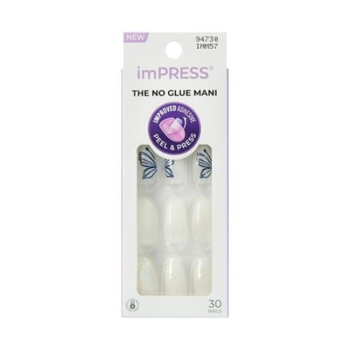 KISS imPRESS Design Press on Nails, Dazzle, White, Medium Almond, 30 Count
