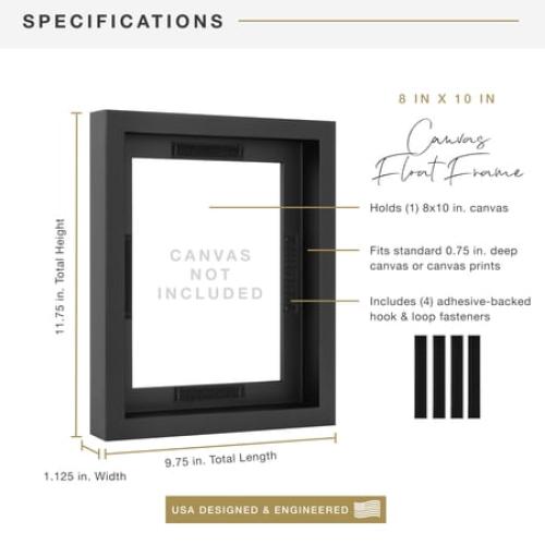 MCS Canvas Float Frames 16x20 Frame, Black Frame for Finished Canvases, Vertical & Horizontal Wall Hanging Large Frame with Adhesive for Canvas Paintings (1-Pack)