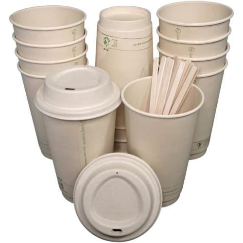Certified Compostable Coffee Cups by Living Balance | 16oz - 75 cups with Compostable Bagasse Lids, Stirrers, and Integrated Sleeves 16oz | 75ct