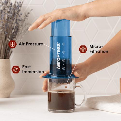 (MISSING SCOOPER)AeroPress Clear Coffee Press – 3 in 1 Brew Method with French Press and Espresso – Full Bodied Without Grit – Portable Maker with Clear Body, Blue