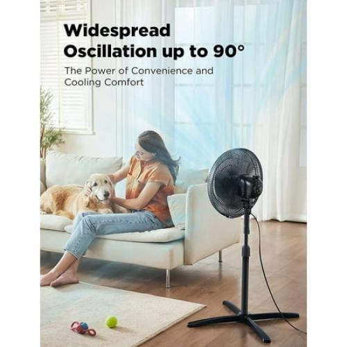 PELONIS Fan Portable 16 Inch Pedestal Fan, 3-Speed, 90 Oscillation, Adjustable Height, Standing Floor Fan for living room, bedroom, kitchen, and home office, Black, PFS40M2ABB