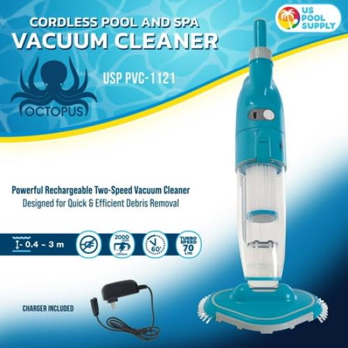 U.S. Pool Supply Octopus Handheld Pool Vacuum Cleaner - Cordless, Rechargeable, Powerful 2-Speed Suction, Dual Filtering, Scrub Brush Head, Cleans Removes Debris, Above-Ground, In-Ground Pools, Spa