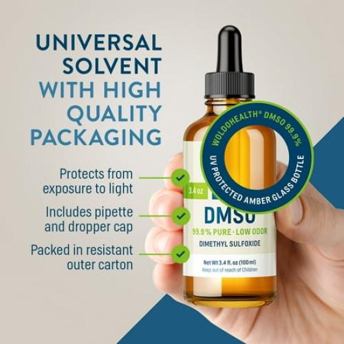 WoldoHealth DMSO 99.9% Pharmaceutical Grade - FT-IR Verified Dimethyl Sulfoxide, Low Odor Solvent in Glass Bottle with Precision Dropper (3.38 oz)
