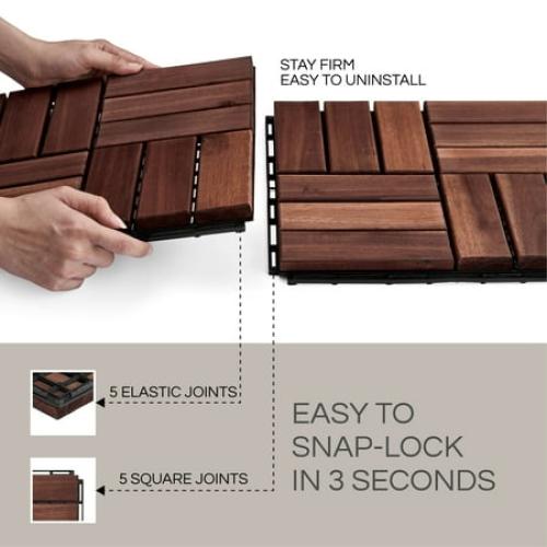 THYOI 10 Pcs Interlocking Deck Tiles 12 x 12, Patio Flooring Outdoor Waterproof, Acacia Wood Tiles All Weather, Floor Tiles for Balcony, Backyard, Indoor and Outdoor use (Round Joint, Dark Brown)