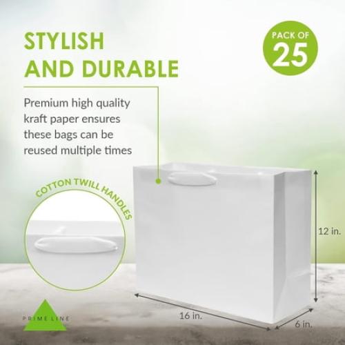 Prime Line Packaging Large PB Twill White Paper Shopping Bags 25 Pack - 16x6x12