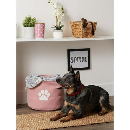 Contemporary Home Living 15 Pink and White Decorative Round Medium Lattice Paw Pet Storage Bin