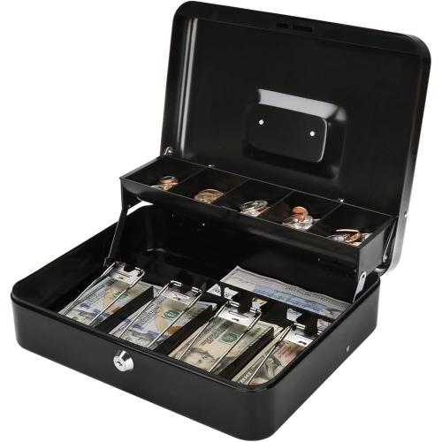 Jssmst Large Cash Box with Lock - 2017 New Metal Money Box 100% Safe 11.8L x 9.5W x 3.5H Inches Black SM-CB0501L