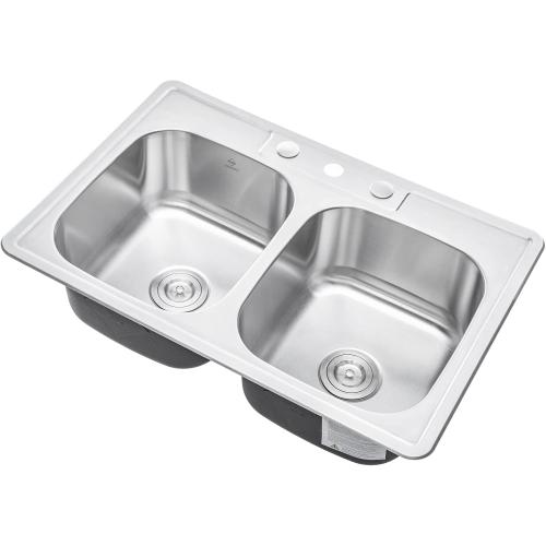 Size  33 x 22 x 9 Inch 50/50 Top-mount/Drop-in Stainless Steel Double Bowl Kitchen Sink with Strainer - 18 Gauge Stainless Steel-3 Faucet Hole