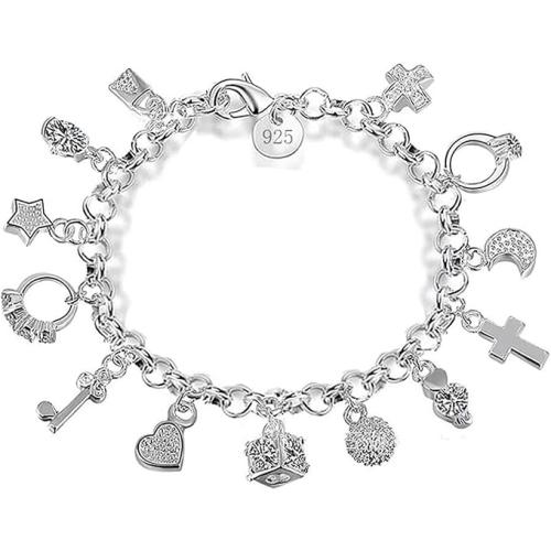 Dicomeng Sterling Silver Bracelet 13 Small Pendants Charm Bracelet for Women Adjustable 18 4cm 925 Silver Plated Great Gift for Ladies