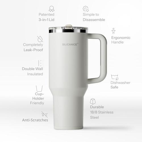 40 Oz Insulated Tumbler with Detachable Flip Straw Lid, Vacuum insulated Stainless Steel | BPA-Free, Handle & Cupholder Compatible - 24H Cold, Travel/Gym/Office,off white