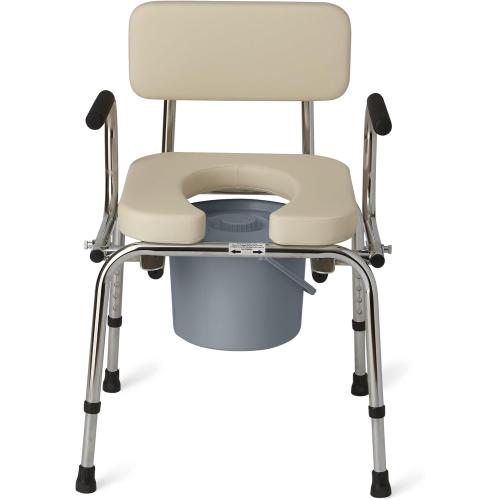 Drop Arm Commode with Padded Seat and Backrest, Durable Toilet Chair for Adults and Seniors, Removable Pail, Splash Guard, Drop Down Arms for Easy Transfer, 350 lb. Weight Capacity,