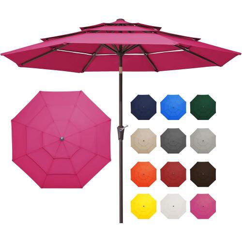 9FT 3 Tiers Patio Umbrella with Push Button Tilt/Crank, Outdoor Market Umbrella with 8 Sturdy Ribs for Garden, Lawn, Deck, Backyard and Pool pink