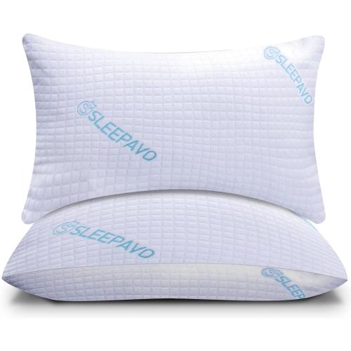 Sleepavo Memory Foam Pillows - Cooling Bed Pillows for Sleeping for Back Stomach and Side Sleeper - Firm Cool Shredded Memory Foam Pillows for Bed (Firm King (Pack of 2))