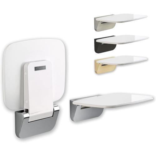 Folding Shower Seat Wall Mounted– Up to 350lbs, Secure Folding Shower Bench, Space Saving Mounted Shower Seat, Luxury Fold Down Shower Seat, Wall Mounted Folding Shower Chair Polished Chrome & White