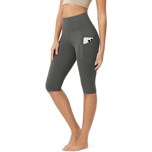 ODODOS Women's Knee Length High Waisted Yoga Capri Leggings with Pockets Workout Running Sports Athletic Yoga Capris Charcoal Medium