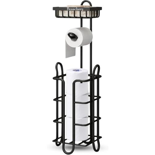 Black Toilet Paper Holder Stand with Shelf – Floor Bathroom Free Standing Toilet Tissue Holder Shelf for Restroom – Multiple Toilet Roll Holder Storage Rack for Bathroom - Stores 3 to 4 Roll