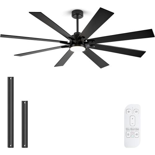 Size 72Color Black  Outdoor Ceiling Fans for Patios with Light, Large Black Industrial Ceiling Fan with 8 Blades Quiet Reversible DC Motor, Damp Rated Indoor Exterior Ceiling Fan for Outside Porch Gazebo Bedroom