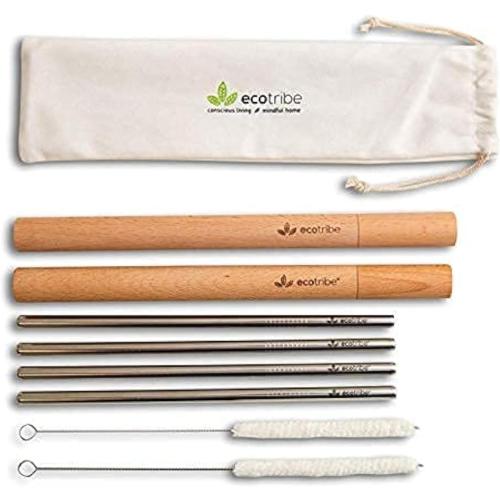 4 Reusable Metal Straws with Portable Case - Stainless Steel, 8.5” - Eco-Friendly Drinking Straw Set with 2 Cleaning Brushes & Travel Bag 2 x Wooden Cases with 4 Straws
