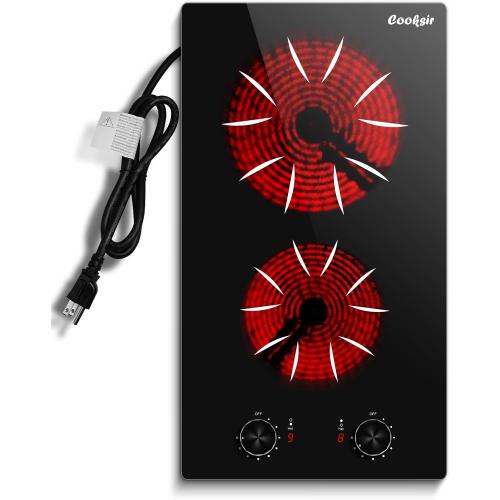 2 Burner Electric Cooktop - 12 Inch 2000W Electric Stove Built-in & Countertop, Two Burner Ceramic Cooktop with Knob Control, 9 Power Level, Over Heat Protection, 110-120V Plug in (Black Konb)