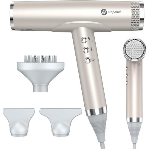 slopehill Professional Ionic Hair Dryer with Diffuser - Lightweight, Compact, Powerful & Fast Salon Blow Dryer with High Speed Brushless Motor for Travel, Women & Men (Ceramic, silver)