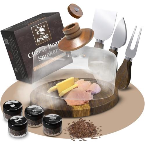Cheese Board Smoker Set | Indoor Cold Smoking Culinary Dome Cloche Cover Smoker | Smoke Cheese Charcuterie Salmon Foods Meats | Home Kitchen Indoor Smoker