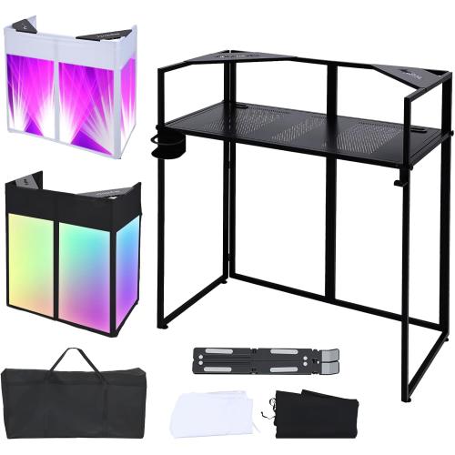 Portable DJ Booth Facade. DJ Table. Foldable DJ Facade Station for DJ Controller, Mixer & Laptop Events & Parties – Includes Carry Bag & Hook & Cup Holder (41.3 L x 20.4 W x 43.3 H)