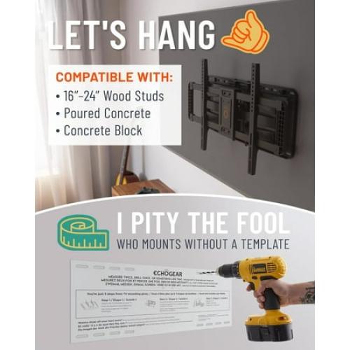 ECHOGEAR MaxMotion TV Wall Mount for 42”- 90” TVs up to 125lbs – Full Motion Tilts, Swivels, Extends