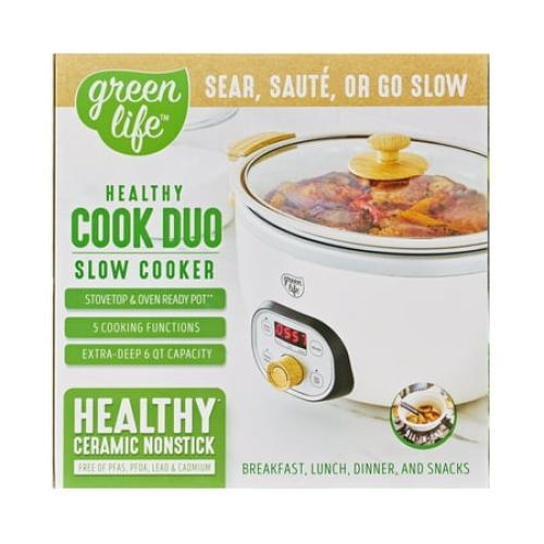GreenLife 6 Quart Non Stick Family Meal Slow Cooker with Removable Pot, Cream