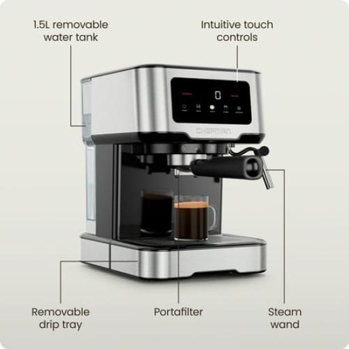 Chefman CraftBrew Espresso Machine w/ Steam Wand and Touch Controls – Stainless Steel, New