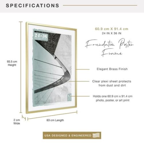 MCS Foundation 16x24 Poster Frame Traditional Brass, Vertical & Horizontal Wall Hanging Large Picture Frame for Photos, Posters & Art Prints (1-Pack)