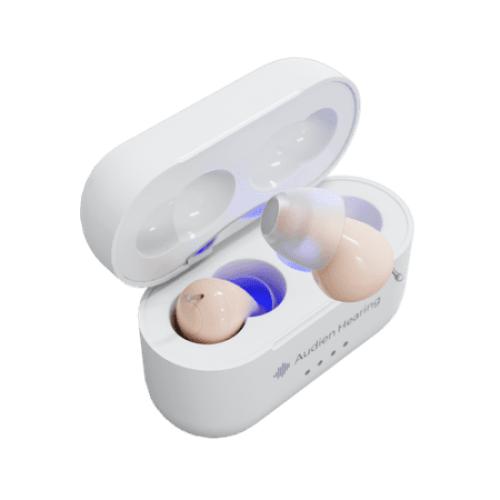 White Case Nude Aid Audien Hearing Atom Pro 2 Rechargeable, over the counter, Hearing Aid, 0.6 lb – Comfortable, Lightweight, Battery