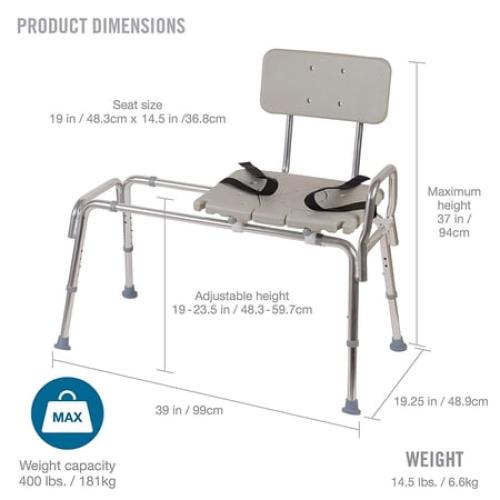 Tub Transfer Bench and Sliding Shower Chair Made of Heavy Duty Non Slip Aluminum Body and Plastic Seat with Adjustable Seat Height and Cut Out Access Holding Weight Capacity up to 400 lbs, Gray