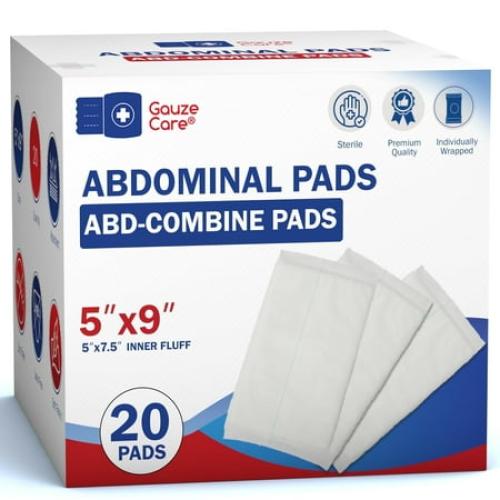 Gauze Care Abdominal Pads, 20 Count, 5x9 Sterile, Extra Absorbent, Non-Stick, for Heavy Wounds and First Aid Kits