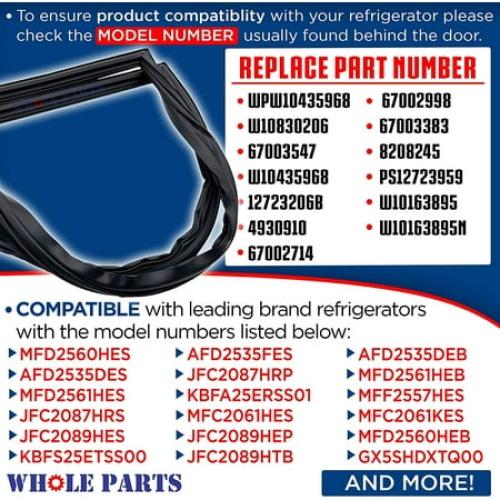 Whole Parts Refrigerator French Door Gasket (Black) Part # W11368721 - Replacement & Compatible with Some Amana, Jenn Air, Kenmore, Kitchen Aid, Maytag and Whirlpool Refrigerators